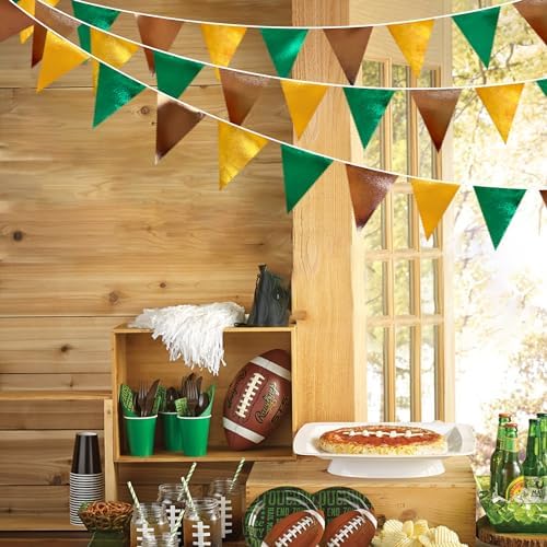 Green Gold Brown Metallic Fabric Triangle Pennant Banner Flag Bunting Garland for Football Jungle Safari Wild Woodland Birthday Baby Shower Wedding Bachelorette Graduations Party Decorations Supplies - Image 6