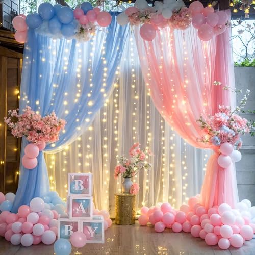 Pink Blue Sheer Tulle Backdrop Curtains with Lights String for Gender Reveal Baby Shower Decorations for Boy or Girl Birthday Party Photo Shoot Backdrop Background Decorations 2 Panels 5×8ft by Suppromo