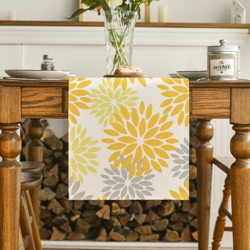 Artoid Mode Yellow Dahlia Floral Pinnata Summer Table Runner, Seasonal Spring Holiday Kitchen Dining Table Decoration for Home Party Decor 13x36 Inch - Image 2