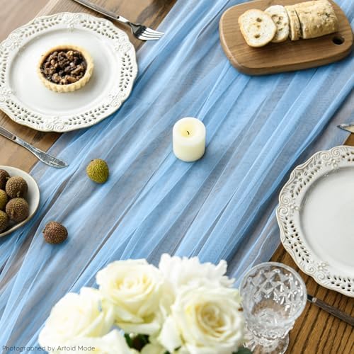 Artoid Mode 6PCS Dusty Blue Gauze Table Runner 120 Inch 10FT, Seasonal Sheer Kitchen Dining Holiday Wedding Birthday Baby Shower Table Decor for Home Party - Image 6