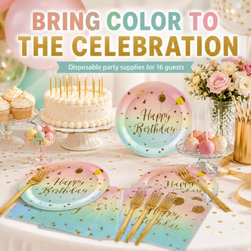 48PCS Happy Birthday Plates and Napkins Party Supplies, Colorful and Gold Disposable Paper Plates and Napkins with Forks Tableware Set for Birthday Party Decorations 16 Guests (Colorful) - Image 6