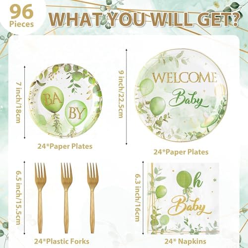96Pcs Welcome Baby Greenery Baby Shower Sage Green Balloon Party Plates Supplies Tableware Decorations Disposable Paper Plates Napkins Forks for Birthday Gender Reveal, Serves 24 - Image 2