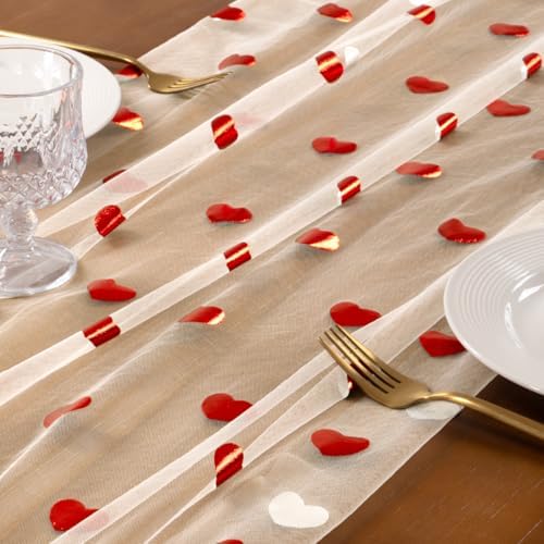 Gold Gauze Table Runner Red Heart Sheer Romantic Wedding Party Table Decor - Image 4