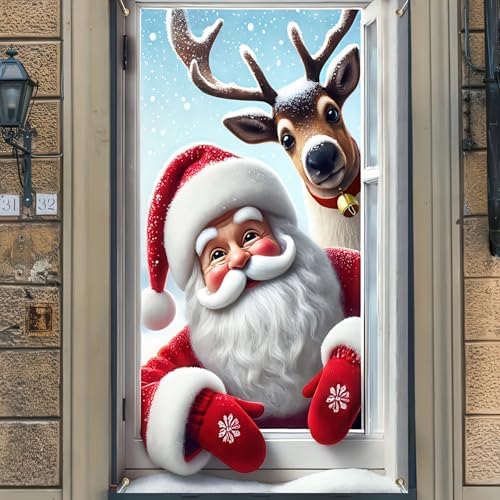 BlissYard Christmas Santa Claus and Reindeer Window Cover Deer Santa Claus Backdrop Photography Background Decoration Xmas Curtain Hanging Banner Holidays Christmas New Year Party Decoration - Image 4