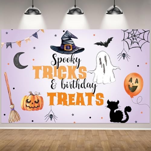 Spooky Halloween Backdrop Tricks and Birthday Treats Watercolor Ghost Pumpkin Witch Hat Background Kids Halloween Theme Birthday Party Decorations Cake Table Banner Photo Booth Props 8x6ft by CRTPODHomeDecor