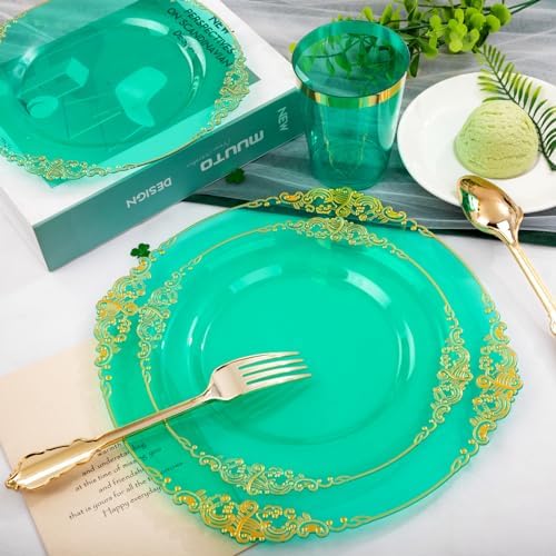 Hioasis 350 Pcs Green Gold Plates for Party - Image 6