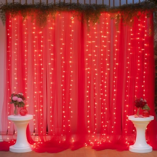 10ft x 10ft Red Backdrop Curtain with Lights String for Parties, Sheer Tulle Wedding Photo Backdrops Drapes for Baby Shower Birthday Party Decorations Background for Photography - Image 5