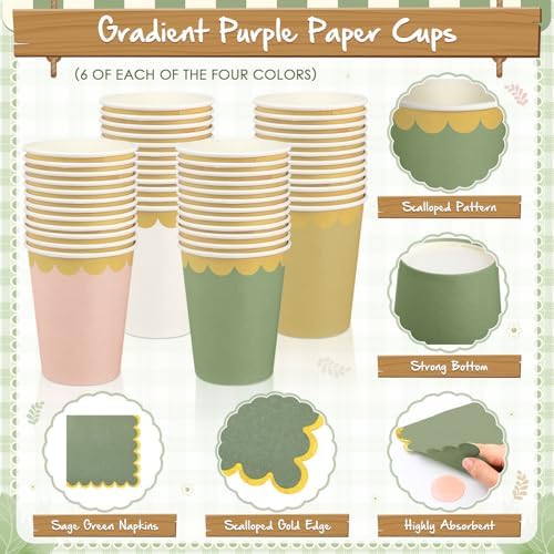Mimorou 169 Pcs Sage Green and Pink Plates Napkins Cups Flatware Set - Image 4
