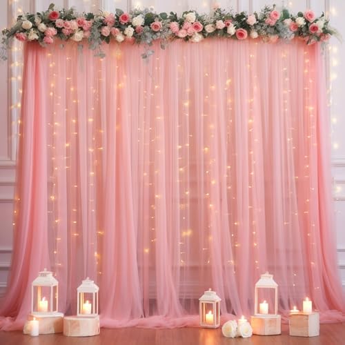 10x10ft Dusty Rose Tulle Backdrop Curtain with Lights String for Parites, Sheer Photo Backdrop Drapes with Lights for Wedding Backdrop Ceremony Reception Bridal Shower Baby Shower Birthday Party by PartyTalk