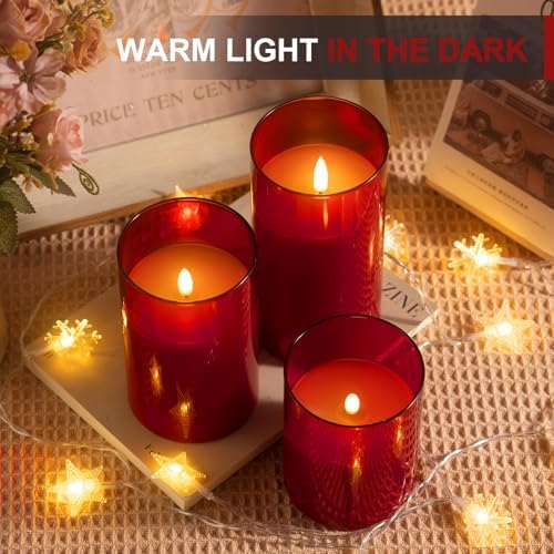 Tyawon Glass Battery Operated LED Flameless Candles with Remote and Timer, Real Wax Candles Warm Color Flickering Light for Festival Wedding Home Party Decor(Pack of 3)-Red - Image 3