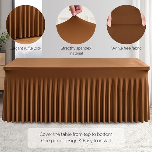Wish Care 2 Pack Brown Spandex Table Clothes for 6 Foot Rectangle Tables, 6FT Wrinkle Free Fitted Tablecloths Ruffles Design Table Cover for Party, Banquet, Wedding and Events - Image 2