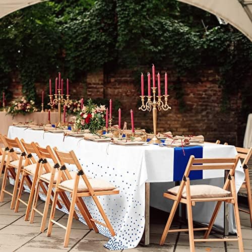 8Pack Disposable Plastic Tablecloths and Satin Table Runner White and Royal Blue Dot Tablecloth Blue Satin Table Runner for Wedding Birthday Baby Shower Anniversary Christmas New Year Party Supplies - Image 7