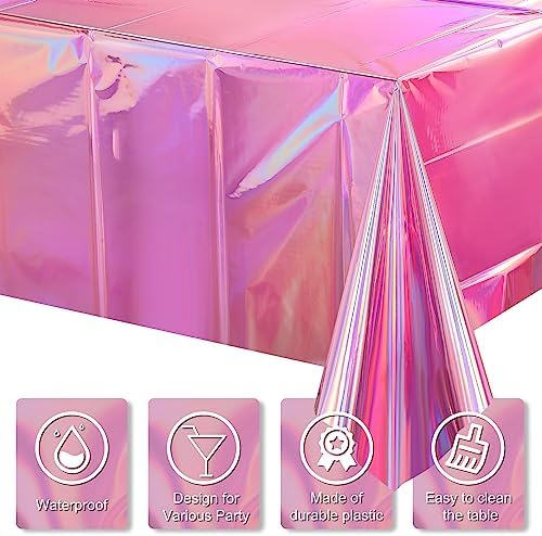 1 Pack Iridescent Pink Plastic Tablecloths, FunnyPars Shiny Disposable Laser Rectangle Table Covers, Holographic Foil Tablecloth Iridescent Party Decorations for Kpop Birthday Wedding Xmas, 54x108Inch - Image 3