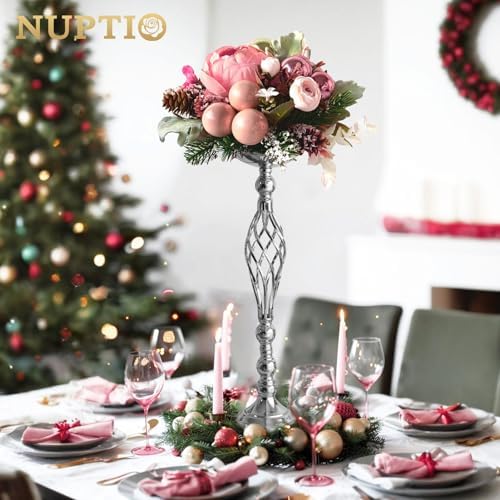 NUPTIO Silver Centerpiece Stand for Table, Twist Style, 22.8" Tall, 2 Pcs - Image 4