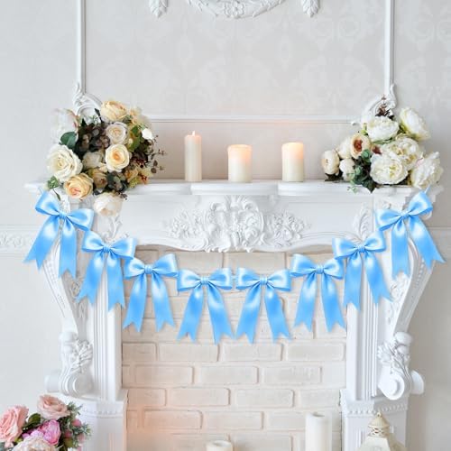 1 String of 8PCS Blue Bow Garland Banner Decoration,Pre-Strung Satin Ribbon Ornaments for Birthday,Bachelorette Party,Bridal Shower,Wedding,Engagement,Baby Shower,Graduation Decor,Anniversary - Image 5