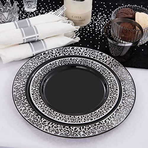 NOCCUR 210PCS Black and Silver Dinnerware Set for 30 Guests - Black Plastic Plates with Silver Rim Include 30 Dinner / 30 Dessert Plates, 30 Prewrapped Silverware, 30 Cups Ideal for Party/Graduation - Image 6