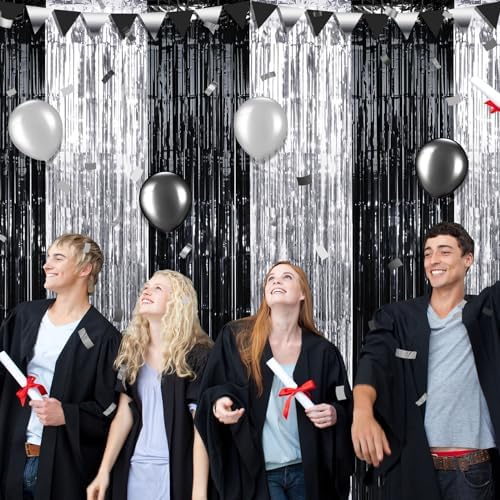 6 Pack 3.3Ft x 6.6Ft Graduation Foil Fringe Curtain Backdrop Decorations, Black Silver Metallic Tinsel Foil Streamers Curtain Photo Background for Graduation Prom Wedding Birthday Party Decorations - Image 6