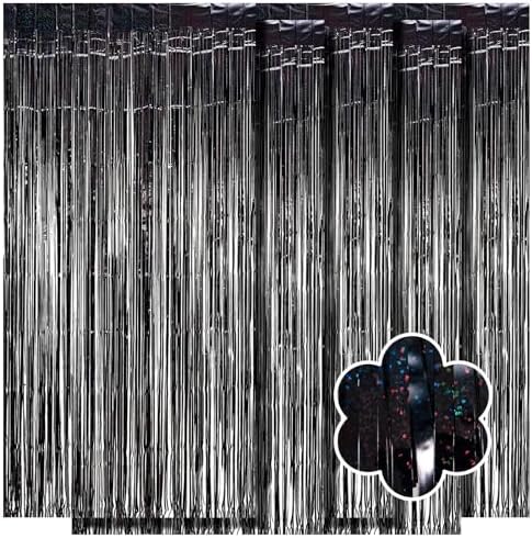 5 Pack Black Foil Curtain Backdrop 3.2ft x 9.8ft Metallic Tinsel Foil Fringe Curtains Streamer Photo Booth Backdrop for Birthday Party Engagement Bachelorette Party Decorations - Sparkle Black by Ohiyoo