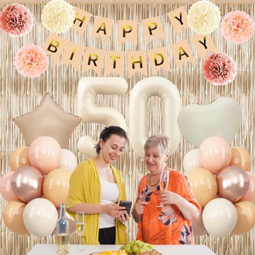 Beige Happy 50th Birthday Party Decoration Women Cream Number 50 Balloon - Image 5