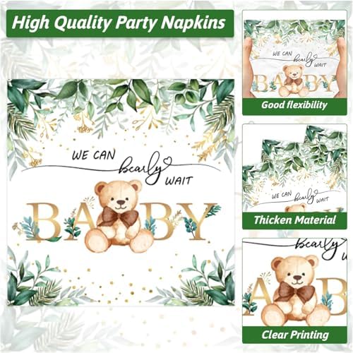 Naozinebi 200PCS Sage Green Bear Baby Shower Decoration Teddy Plates Napkins We Can Bearly Wait Paper Plates Greenery Bear Party Tableware Set for Gender Reveal Neutral Party Decor Supplies Serves 50 - Image 4