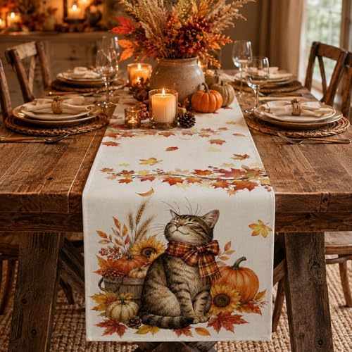 Fall Table Runner Pumpkins Cat Maple Leaf Autumn Harvest Seasonal Thanksgiving Decorations for Home Kitchen Dining Room Party Decor，13x60inch - Image 3