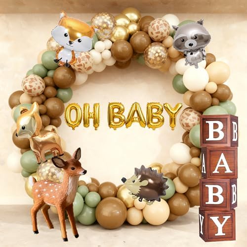 Woodland Baby Shower Decorations Neutral - Forest Animals Party Supplies Include Balloon Garland Arch, Oh Baby Backdrop, 4 Wood Grain Boxes, Fox Deer Raccoon Foil Balloons - Sage Green Gold - Image 3