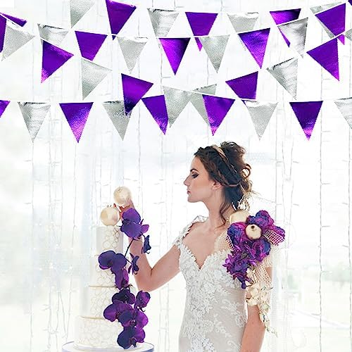 Purple and Silver Party Decorations Triangle Pennant Banner Flag Metallic Fabric Bunting Garland for Birthday Graduation Retirement Bachelorette Wedding Bridal Shower Engagement Disco Party Supplies - Image 6