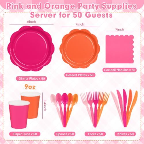 350 Pcs Pink and Orange Party Plates and Napkins - Hot Pink Orange Party Decoration Tableware set Include Sunset Tropical Scalloped Plate Napkin Cup & Cutlery for Baby Shower, Wedding, Birthday - Image 2