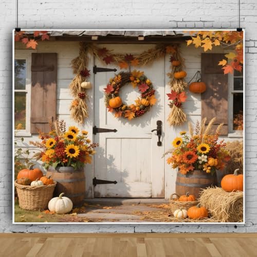Fall Photo Backdrop 12x8ft Floral Rustic White Wood Door Thanksgiving Fall Backdrops for Photography Autumn Haystack Flowers Friendsgiving Background Party Decorations Photo Booth Props by Lexfvpoo