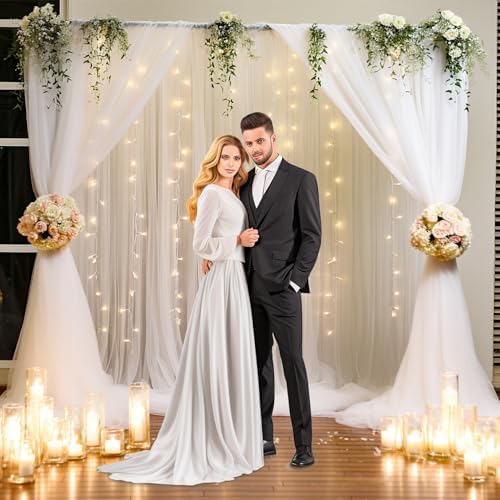10x8ft White Tulle Backdrop Curtain with Lights String for Parites, Sheer Photo Backdrop Curtains with Lights for Wedding Backdrop Ceremony Reception Bridal Shower Baby Shower Birthday Party - Image 7