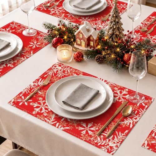 Christmas Placemats Set of 6 Table Mat Red Snowflakes Decorations - Image 4