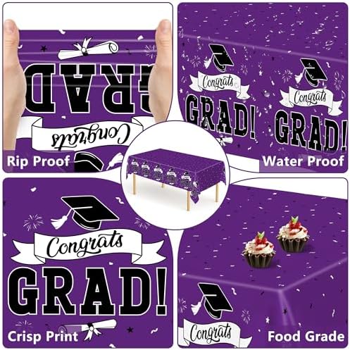 2 Pcs Graduation Tablecloth, 108" X 54" Plastic Graduation Decorations 2026, Rectangle Purple Table Cover for Grad Decor Party Supplies, Disposable Tablecover for Class of 2026 Congrats Grad for Kids - Image 3