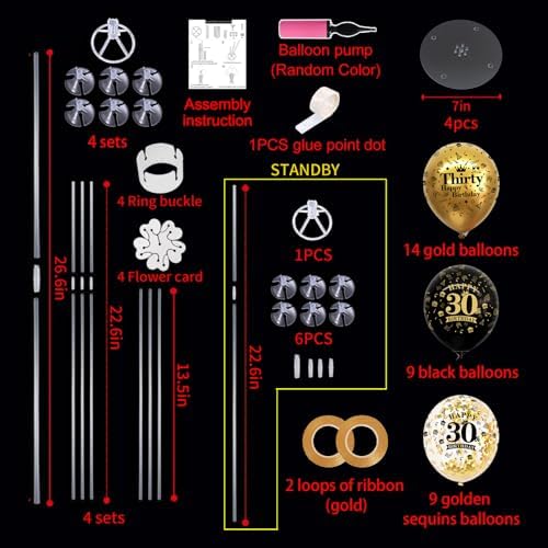 TONIFUL 4 Set Black Gold 30 Printed Balloon Stands for 30th Birthday Decor - Image 2