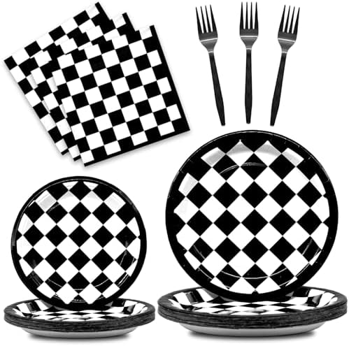 96 Pieces Racing Theme Party Supplies - Black and White Checkered Pattern Disposable Tableware with Paper Plates, Napkins, Forks for Race Car Dirt Bike Birthday Decorations, Sports Events Celebrations by GistomeHome