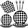 96 Pieces Racing Theme Party Supplies - Black and White Checkered Pattern Disposable Tableware with Paper Plates, Napkins, Forks for Race Car Dirt Bike Birthday Decorations, Sports Events Celebrations by GistomeHome