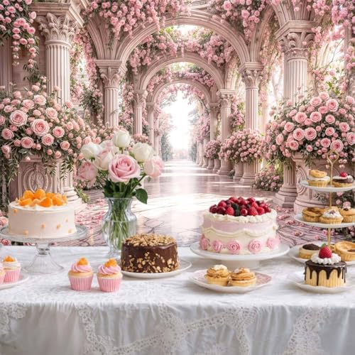 12X10ft Pink Rose Floral Wedding Backdrop European Palace Style Flower Arch Party Decortions Photography Background Anniversary Birthday Baby Shower Girl Party Portrait Photo Booth Props Wall Decor - Image 4