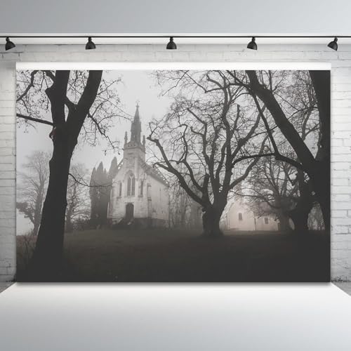 Halloween Gothic Church Backdrop Foggy Cemetery Dark Trees Haunted Chapel Horror Scary Movies Photography Background for Halloween Party Photo Booth Studio Props 8x6ft by CRTPODHomeDecor