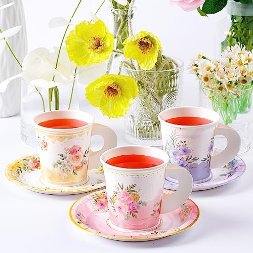 HOMIX 24 Paper Tea Cups and Plates, 7 OZ Disposable Teacups and Saucer Sets - Image 3