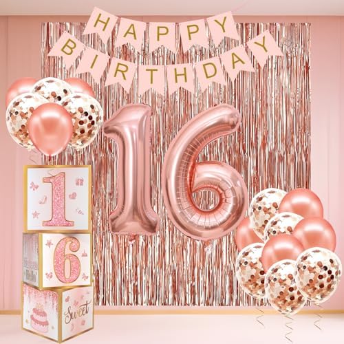 Sweet 16 Party Decorations,16th Birthday Boxes Decor for Girls Women Sweet Sixteen Happy Birthday Banner Kits Pink Rose Gold Foil Balloons Party Supplies Rose Gold Tassel Curtain by RTHPY