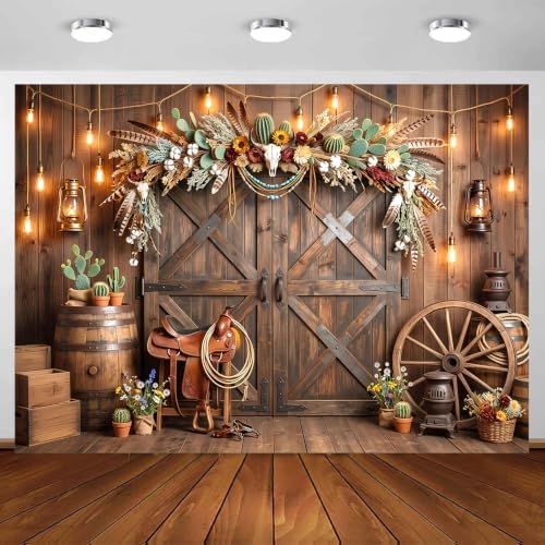 Western Cowboy Rustic Wooden Barn Door Backdrop, Wild West Cow Skull Cactus Vintage Farmhouse Photography Background for Rodeo Birthday Party Photo Booth Studio Portrait Props 7X5 FT - Image 5