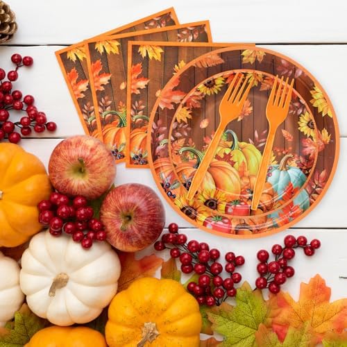 96 Pieces Thanksgiving Pumpkin Tableware Set Party Supplies - Rustic Wood Grain Disposable Dinnerware with Paper Plates, Napkins, Forks for Fall Harvest, Friendsgiving, and Thanksgiving Dinner - Image 4
