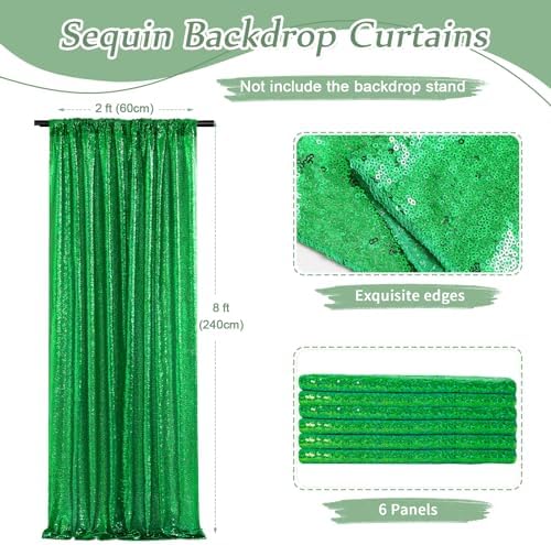Green Sequin Backdrop Curtains-6 Panels 2FTx8FT Green Backdrop for St Patricks Day, Glitter Party Decorations Background Drapes for Wedding Birthday Anniversary Graduation Photo Booth Decor - Image 2