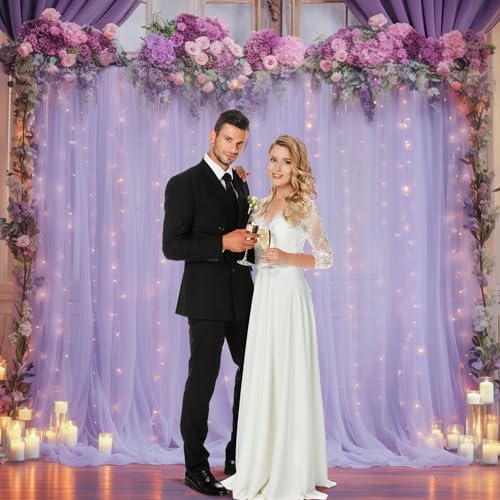 10x8ft Purple Tulle Backdrop Curtain with Lights String for Parites, Sheer Backdrop Curtains for Wedding Baby Shower Birthday Party Photo Shoot Decorations - Image 4