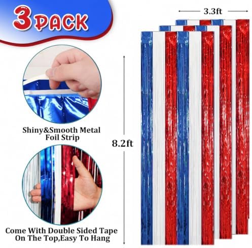 Voircoloria Red White Blue Foil Fringe Backdrop Curtains,3.3x8.2ft, 3 Pack - Image 3