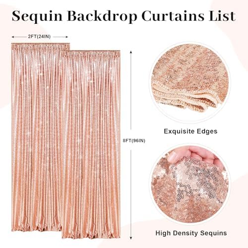 PartyDelight Rose Gold Sequin Backdrop Curtains 2x8ft 2 Panels - Image 2