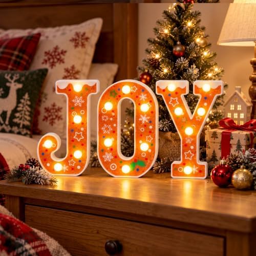 Christmas Gingerbread Joy Sign Light up Decor, 3 Pcs LED Christmas Letter Warm Lights, Battery Operated Holiday Tabletop Decoration for Mantel Fireplace Home Xmas Party Gift by Unknown