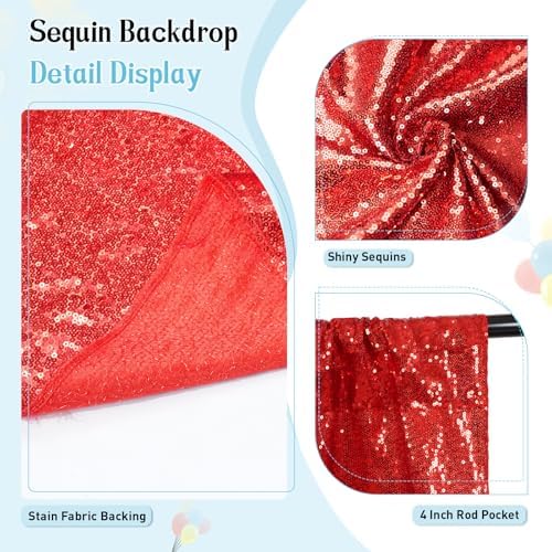 SquarePie 10x10ft Red Sequin Backdrop, High Density Non-Transparent Glitter Curtain for Photography, Birthday, Wedding Party Decorations, Thick Solid Background with 4" Rod Pocket, 1 Panel - Image 3