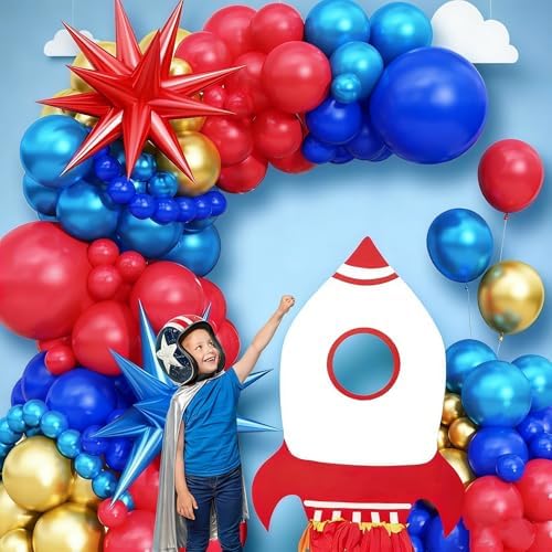 Red Blue Gold Balloons Arch Royal Blue Red Gold Balloons Garland Metallic Blue Gold Latex Balloons with Explosion Star Foil Balloon Gold Long Balloons for Birthday Party Decorations Superhero Circus - Image 3