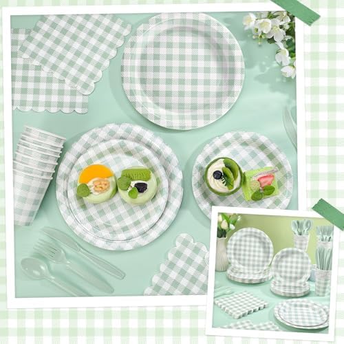 NatNarr Sage Green Gingham Party Supplies Set, 175 Pcs, Serves 25 - Image 5