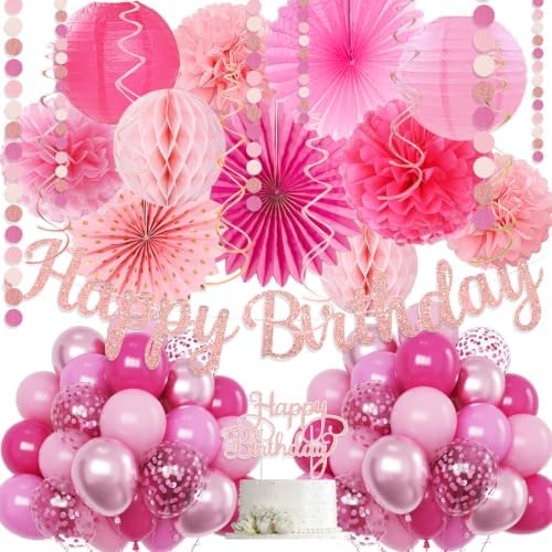 Hot Pink Boho Birthday Party Decorations - 62pcs Happy Birthday Banner, Pink Rustic Paper Lanterns, Streamers, Tissue Pom Poms, Rose Gold Blush Party Balloons, Birthday Decorations for Women Girl by IHEPYQ